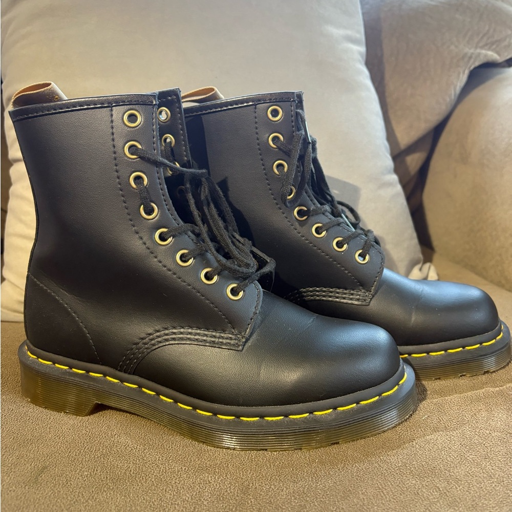 Dr. Martens Black Leather Boots with Yellow Accents